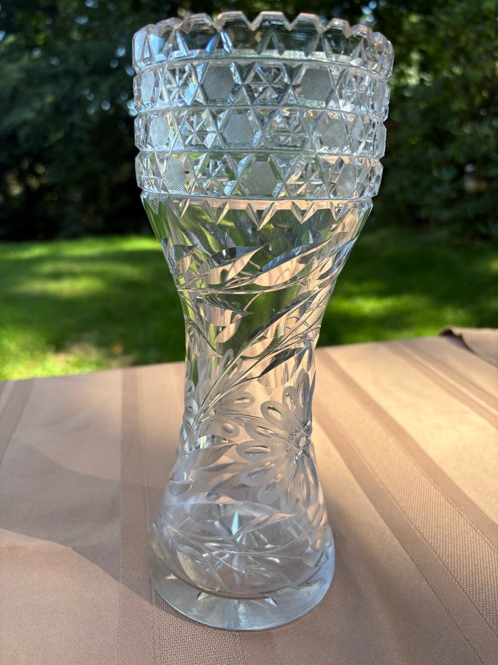Vintage Heavy Cut Crystal Vase 10” Floral Starburst Sawtooth Rim 3 lb 10 oz